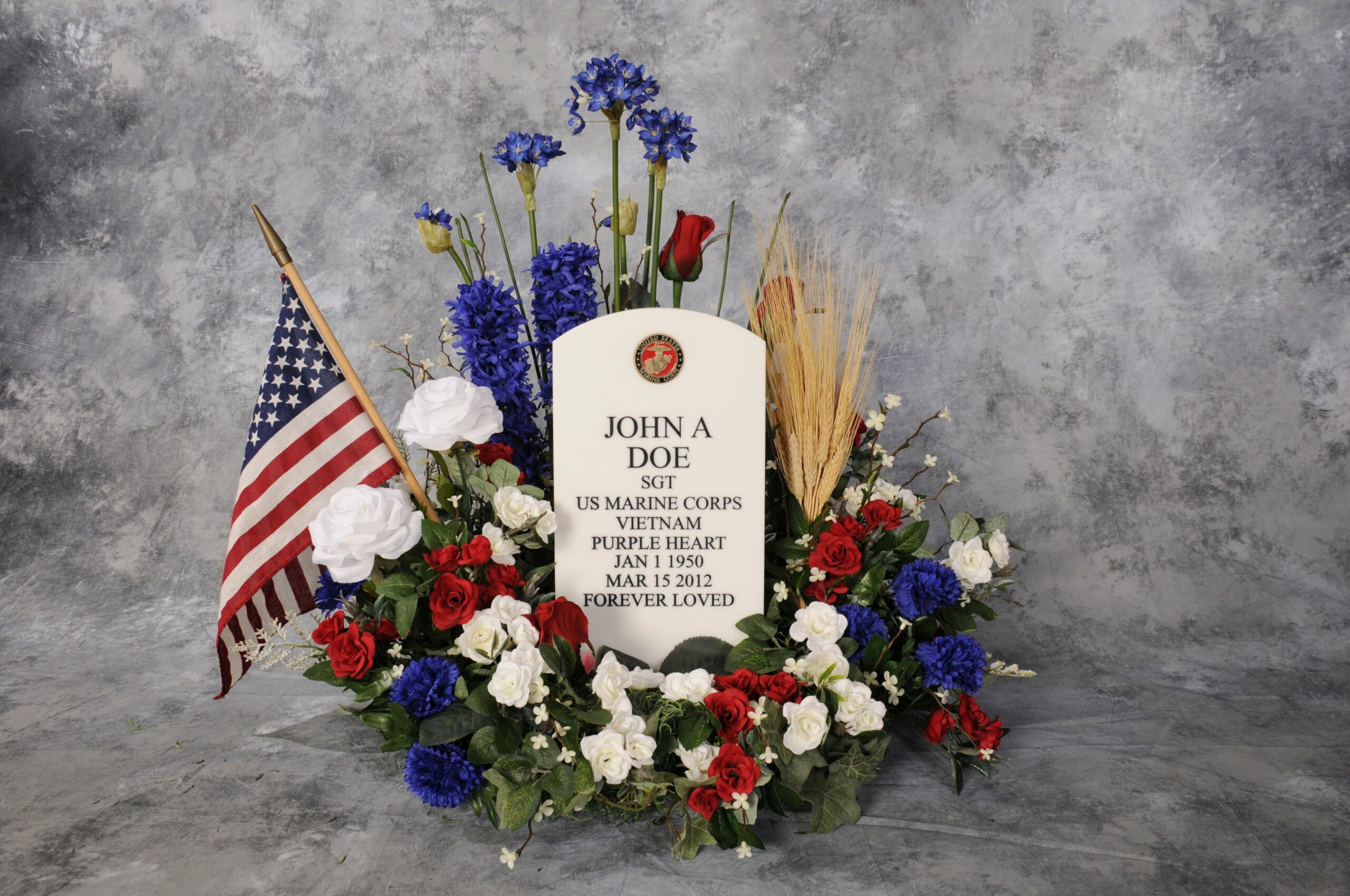 Cremation urn surrounded by wreath of flowers